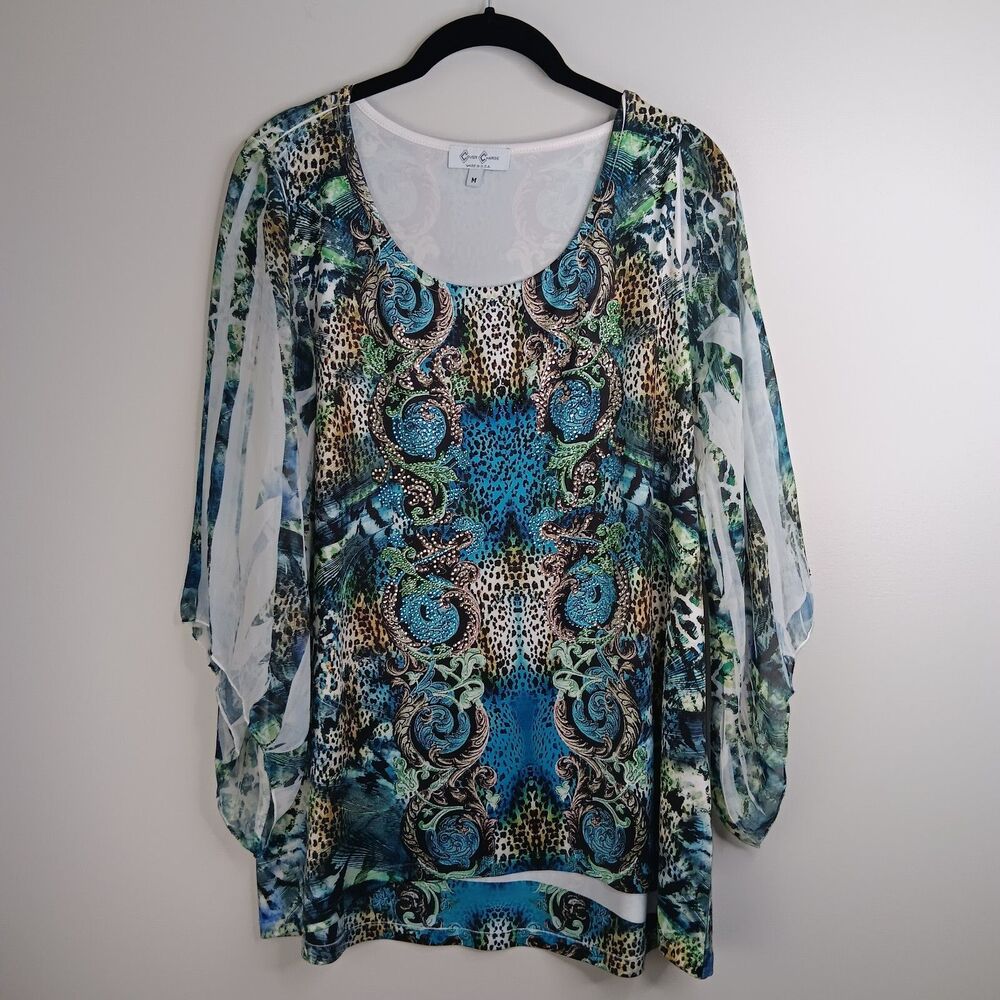 Cover Charge Womens Blouse Tunic Top Rhinestone Multicolor Sheer Sleeve Medium